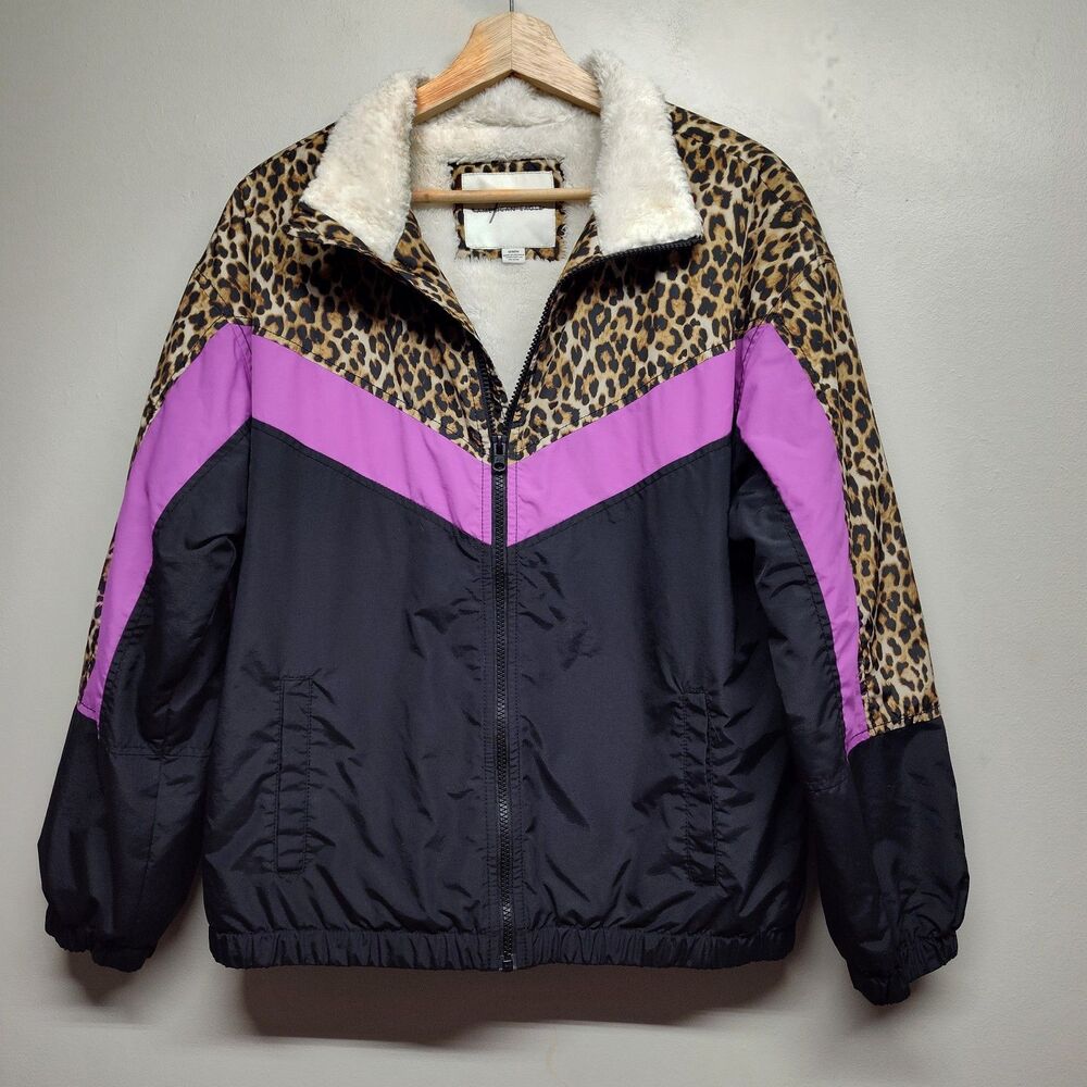 American Eagle Windbreaker Jacket Women Size M Black Leopard Full Zip Winter